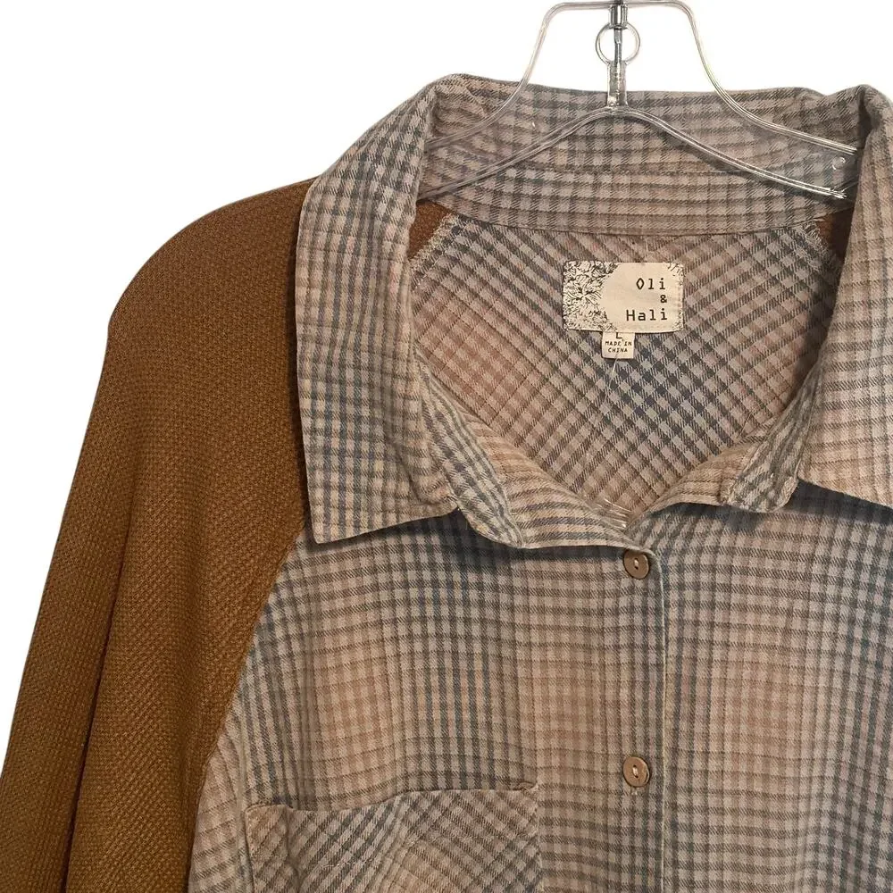 Waffle Sleeve Plaid Button-Up Top in Tan and Light Blue NWT - Picture 2 of 9